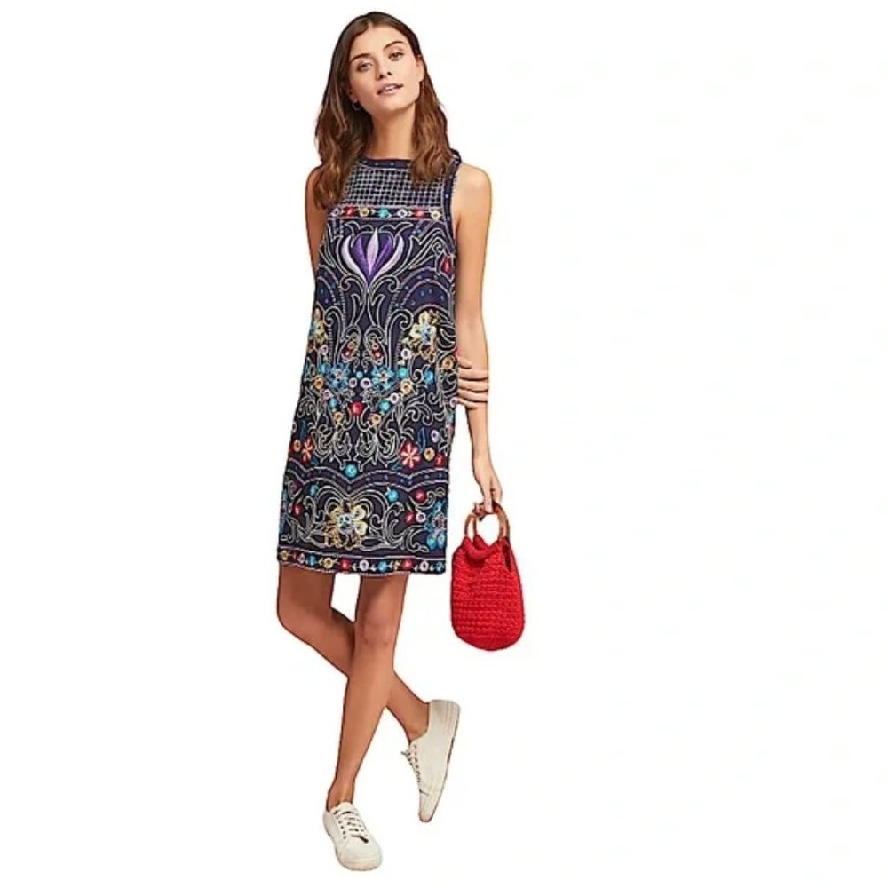 Anthropologie Maeve Kira Navy Floral Embroidered Tunic Dress
